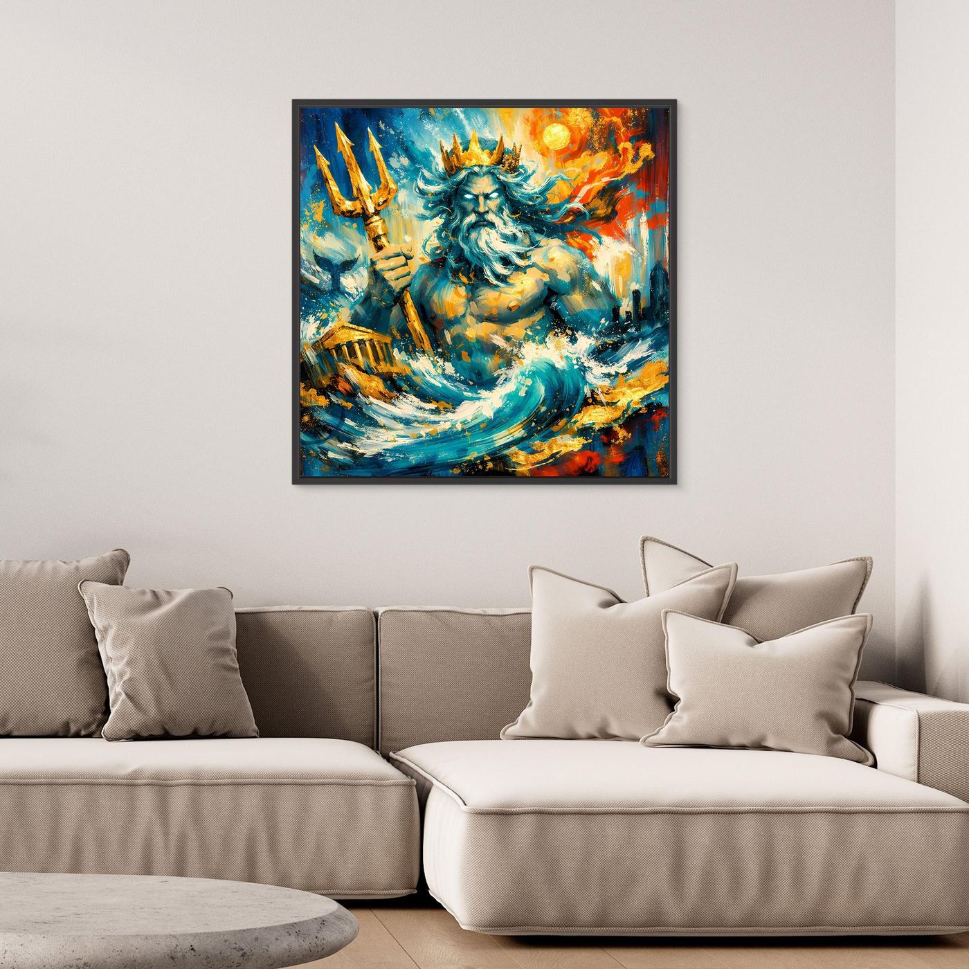 Leinwandbild mit Poseidon-Meerwesen, abstrakte See mit Gold- und Blautönen