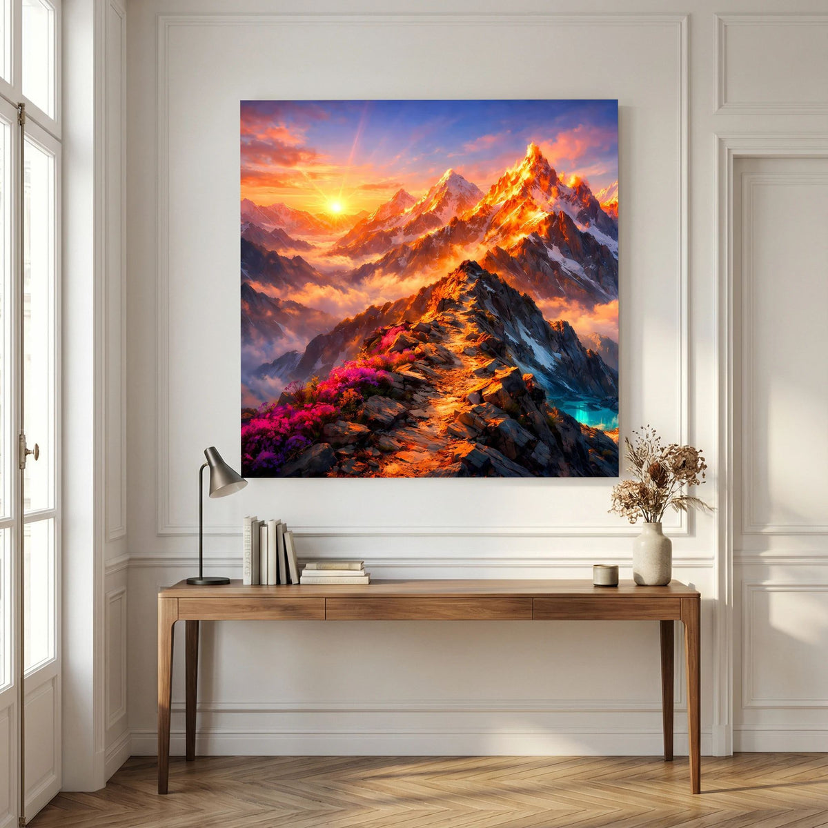 Leinwandbild Sonnenuntergang und Berggipfel auf Holzkeilrahmen, blau gerahmt