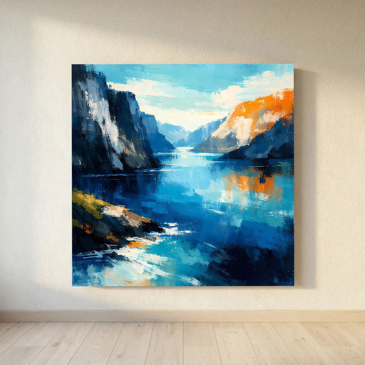 Leinwand Abstraktes Fjord Gemälde | Modernes Norwegisches Wandbild Blau Orange