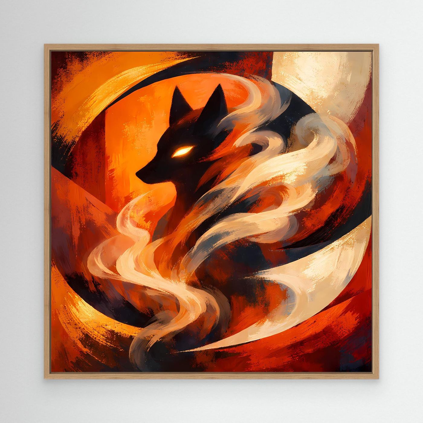 Leinwand-Wandbild mit schwarzem Wolfskopf, Feuernebel in Orange/Rot und hellem Holzrahmen