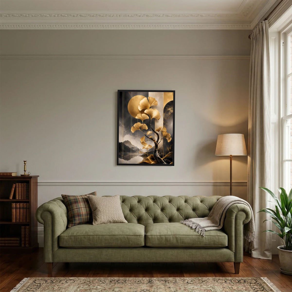 Hochformat-Poster mit goldenem Ginkgobaum in Schwarz-Gold, im schwarzen Bilderrahmen