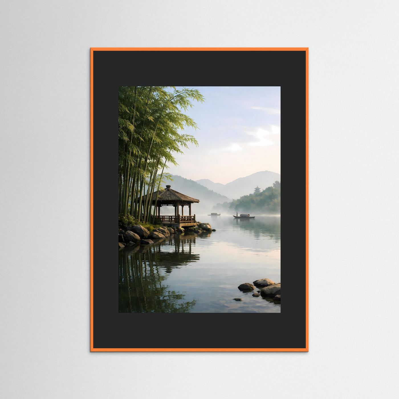 Wandbild mit asiatischer Flusslandschaft, dunklem Holzrahmen und orangefarbenem Rahmenrand