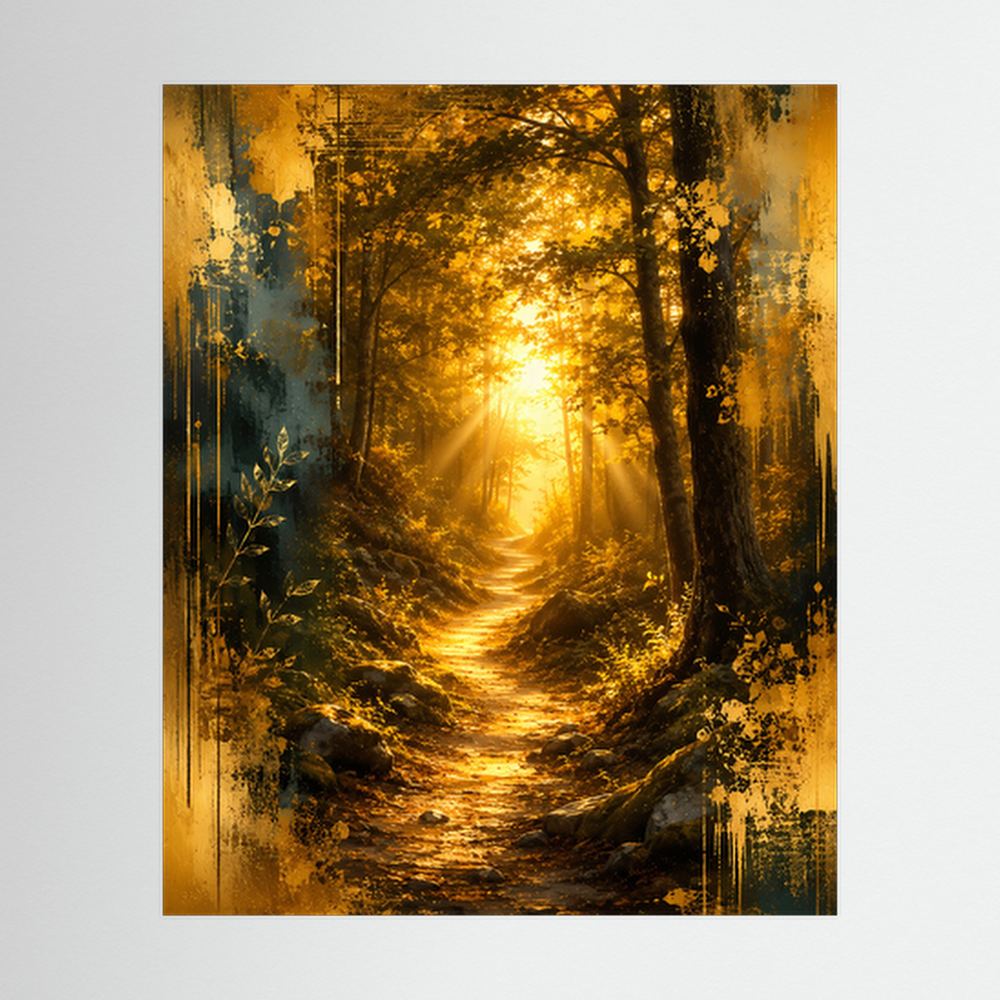 Poster Waldweg im goldenen Wald mit Sonnenstrahlen