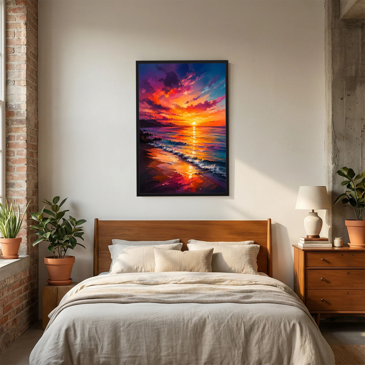 Kunstposter Sonnenuntergang am Meer mit leuchtendem Meer, Holzrahmen, Hochformat