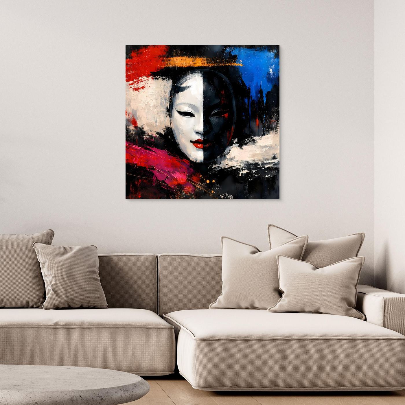 Leinwand Geisha-Maske im Pop-Art-Stil | Modernes Abstraktes Wandbild