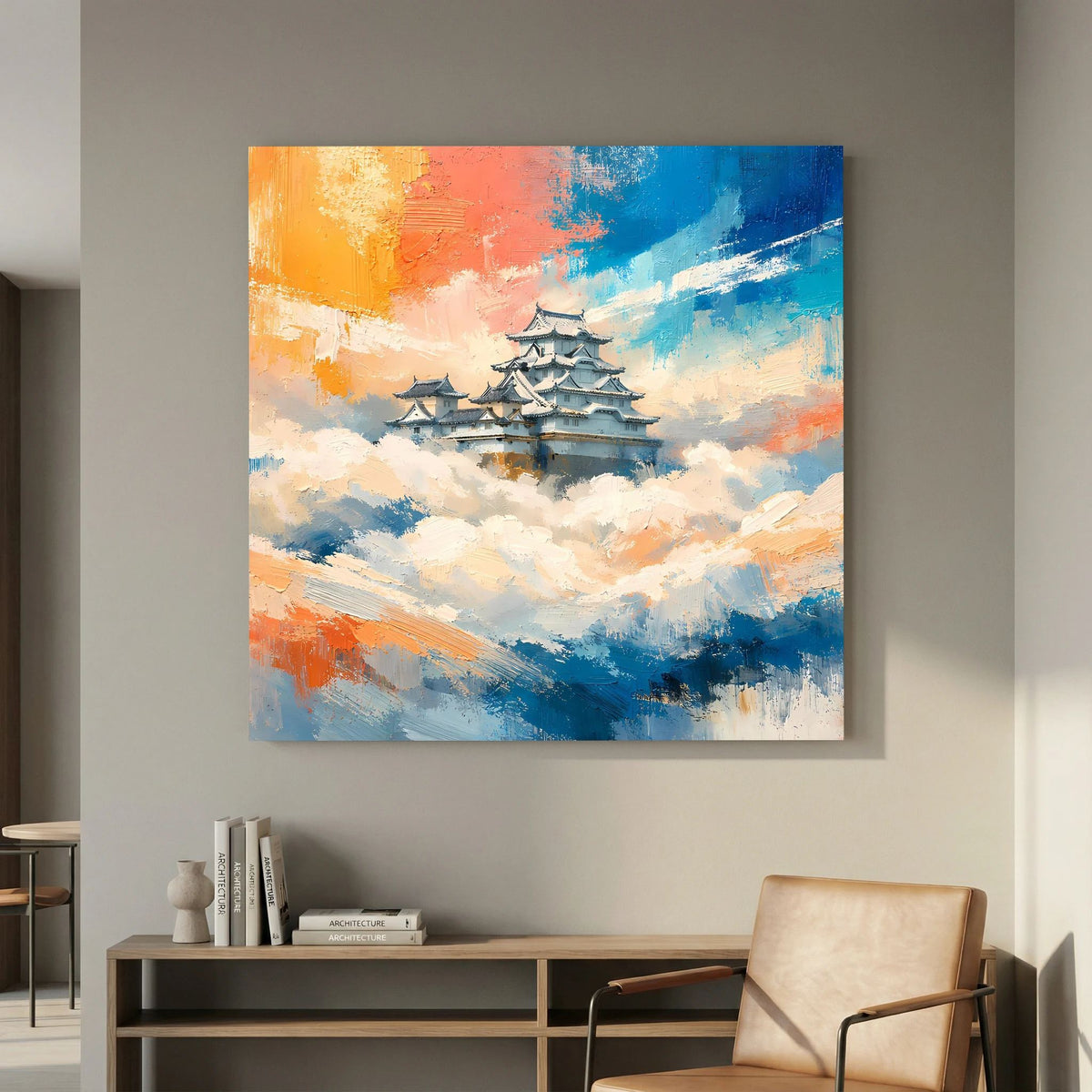 Rechteckiges Leinwandbild: japanische Burg über Wolken, warme Orange- und kühle Blautöne.