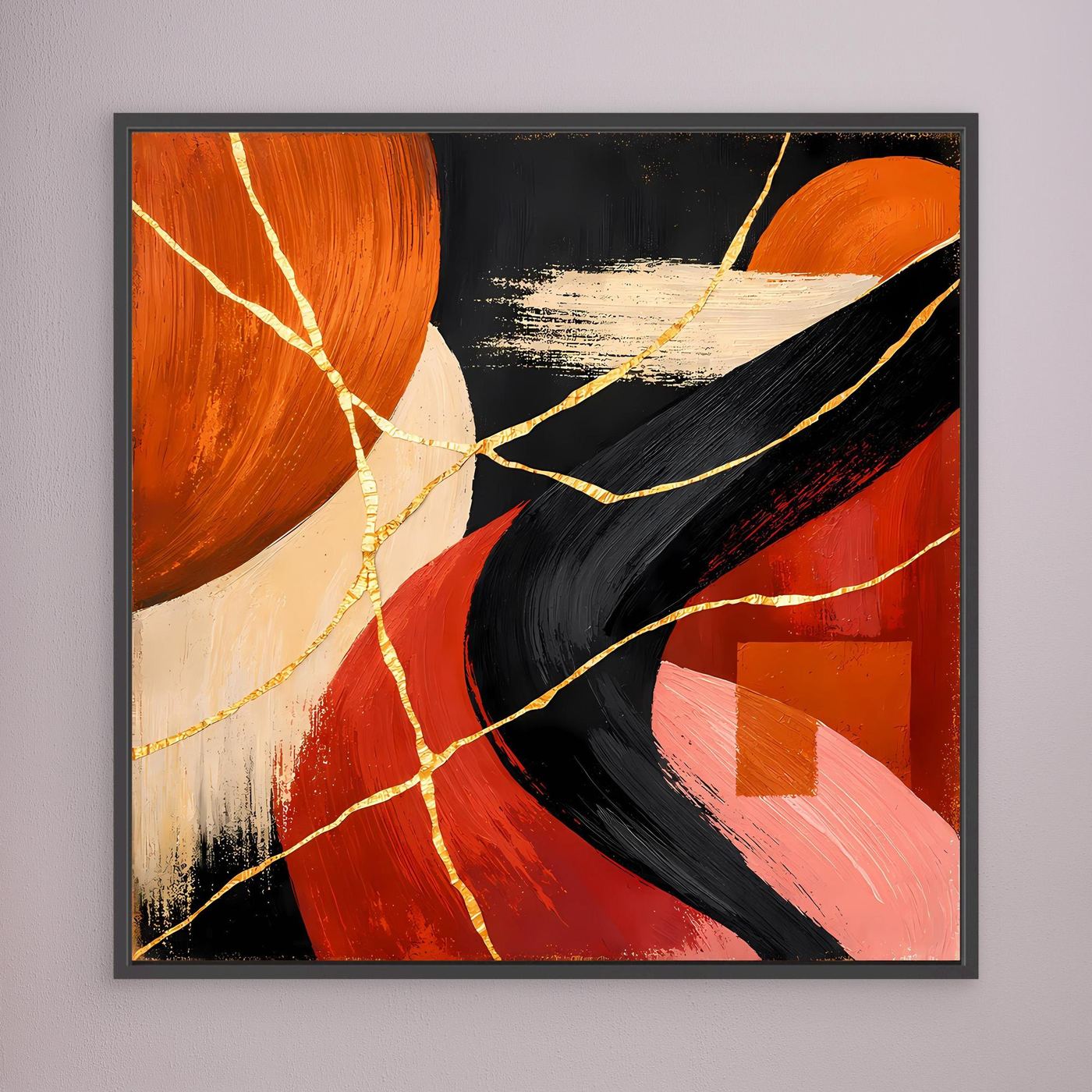 Abstraktes Leinwand-Wandbild mit Goldaderlinien, rot-schwarz-orange Wellen, schwarzer Rahmen
