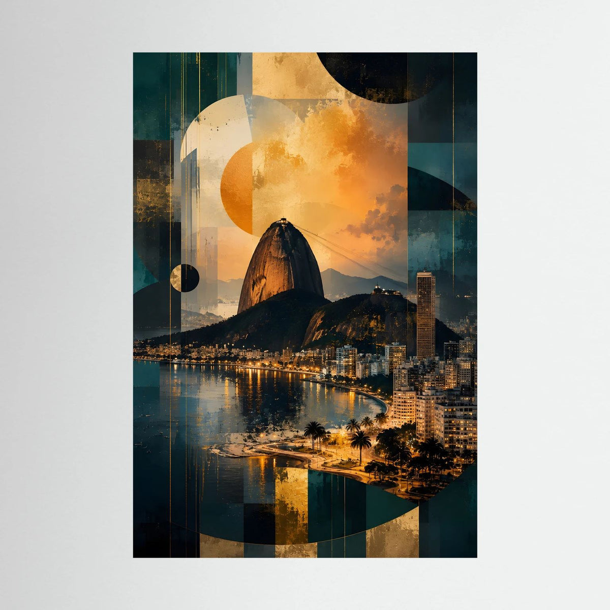 Hochformatiges Poster: abstrakte Rio-Skyline in Petrol und Gold mit Statue und Sonne