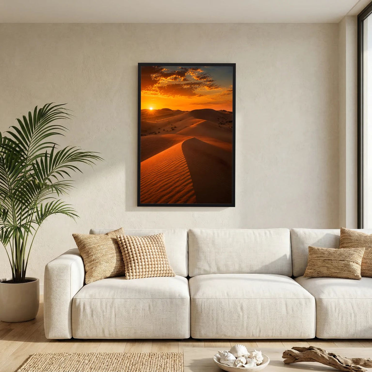 Wüstenposter im Hochformat mit goldenen Dünen und Sonnenuntergang, schwarz gerahmt