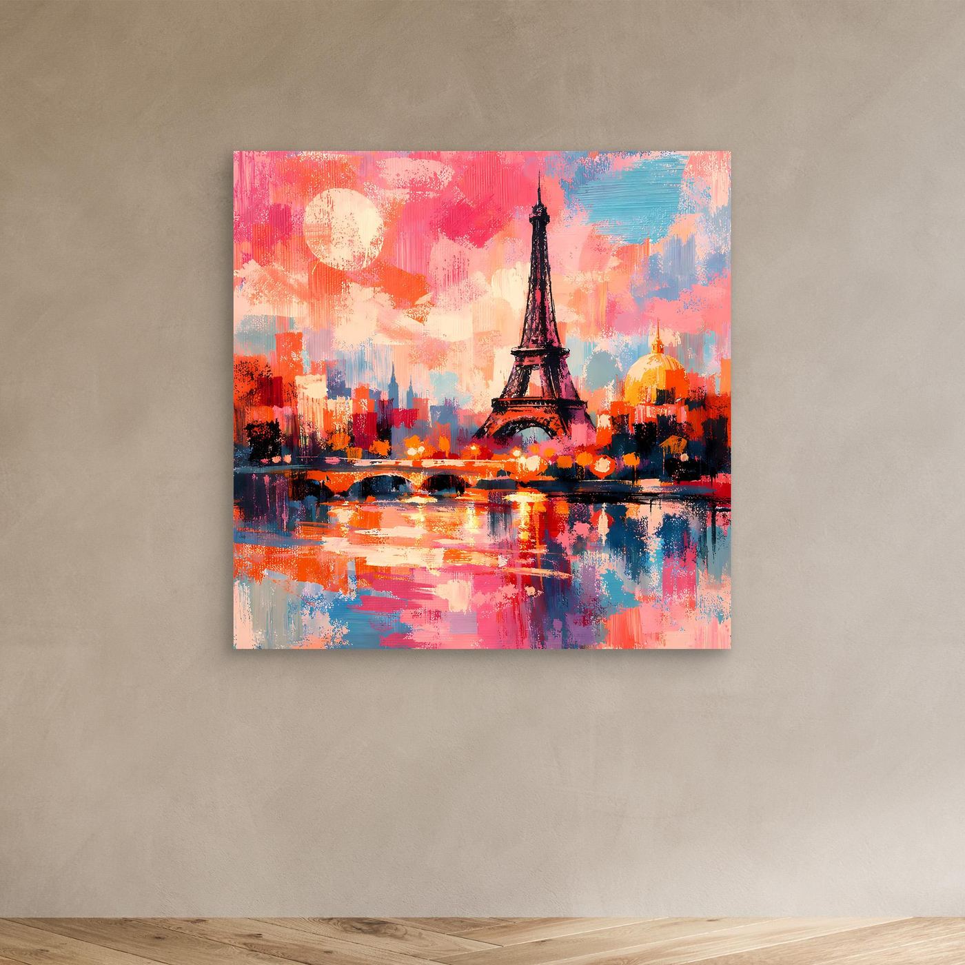 Abstraktes Leinwand-Wandbild mit Eiffelturm, Stadtlandschaft, pink-blau, ohne Rahmen