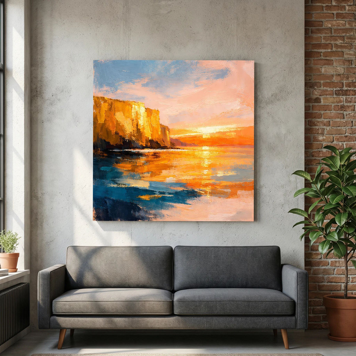 Leinwand-Wandbild mit abstrakter Steilküste: orangefarbener Himmel, blaues Wasser und Felsen