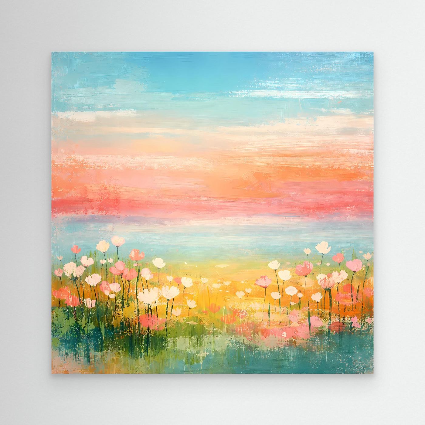 Abstraktes Leinwandbild: Blumenwiese am Meer mit Pastellhimmel