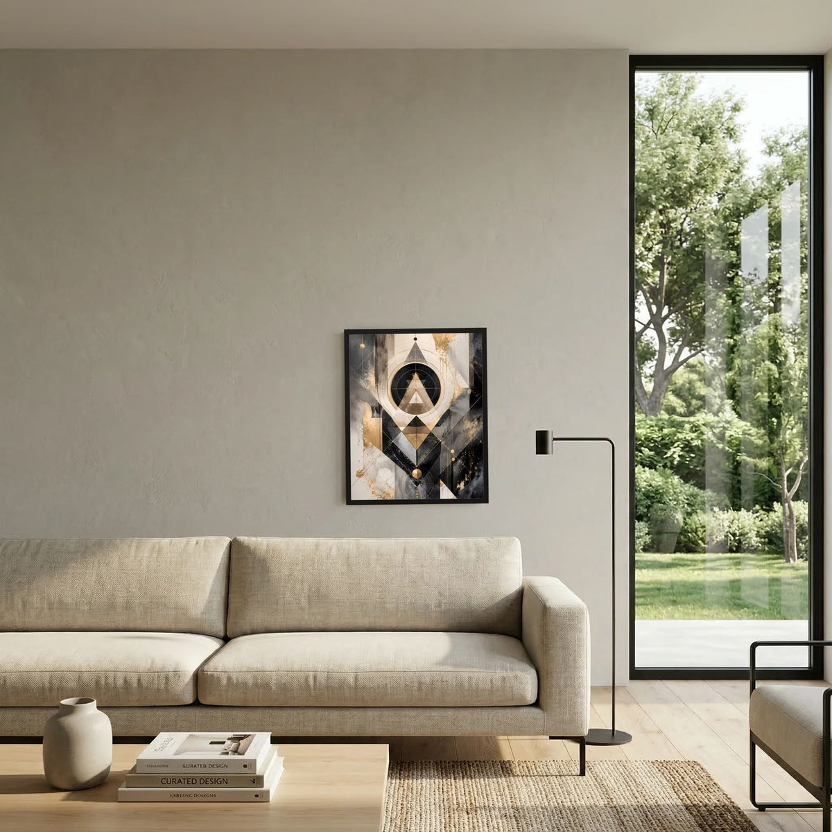Gerahmtes Kunstposter im Hochformat mit abstrakter Geometrie in Schwarz, Gold und Beige