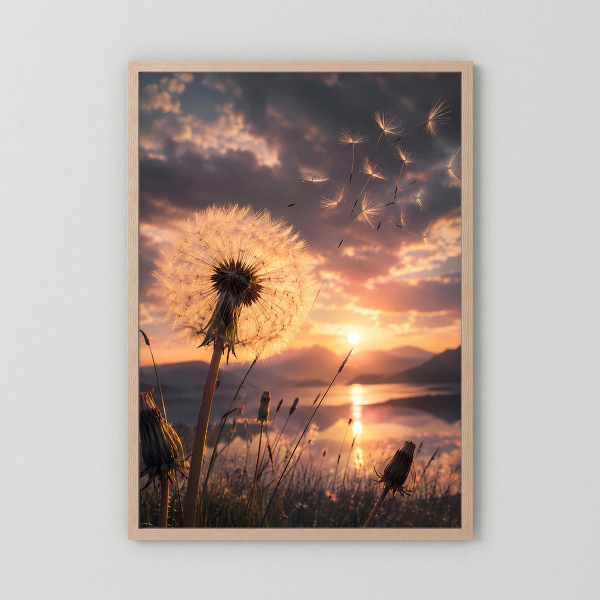 Poster mit Pusteblume im Sonnenuntergang im hellen Holzrahmen