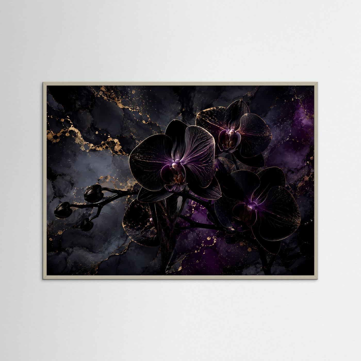 Schwarze Orchideen in Gold & Violett | Luxuriöses Florales Wandbild Querformat