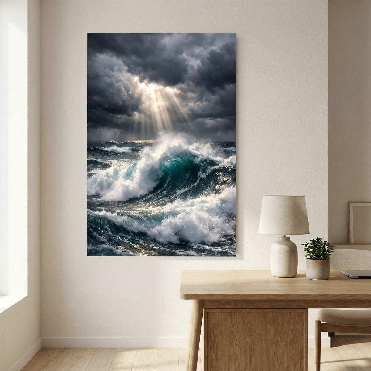 Wandbild im Hochformat: aufgewühltes Meer mit dunkelgrauen Wolken und Lichtstrahlen
