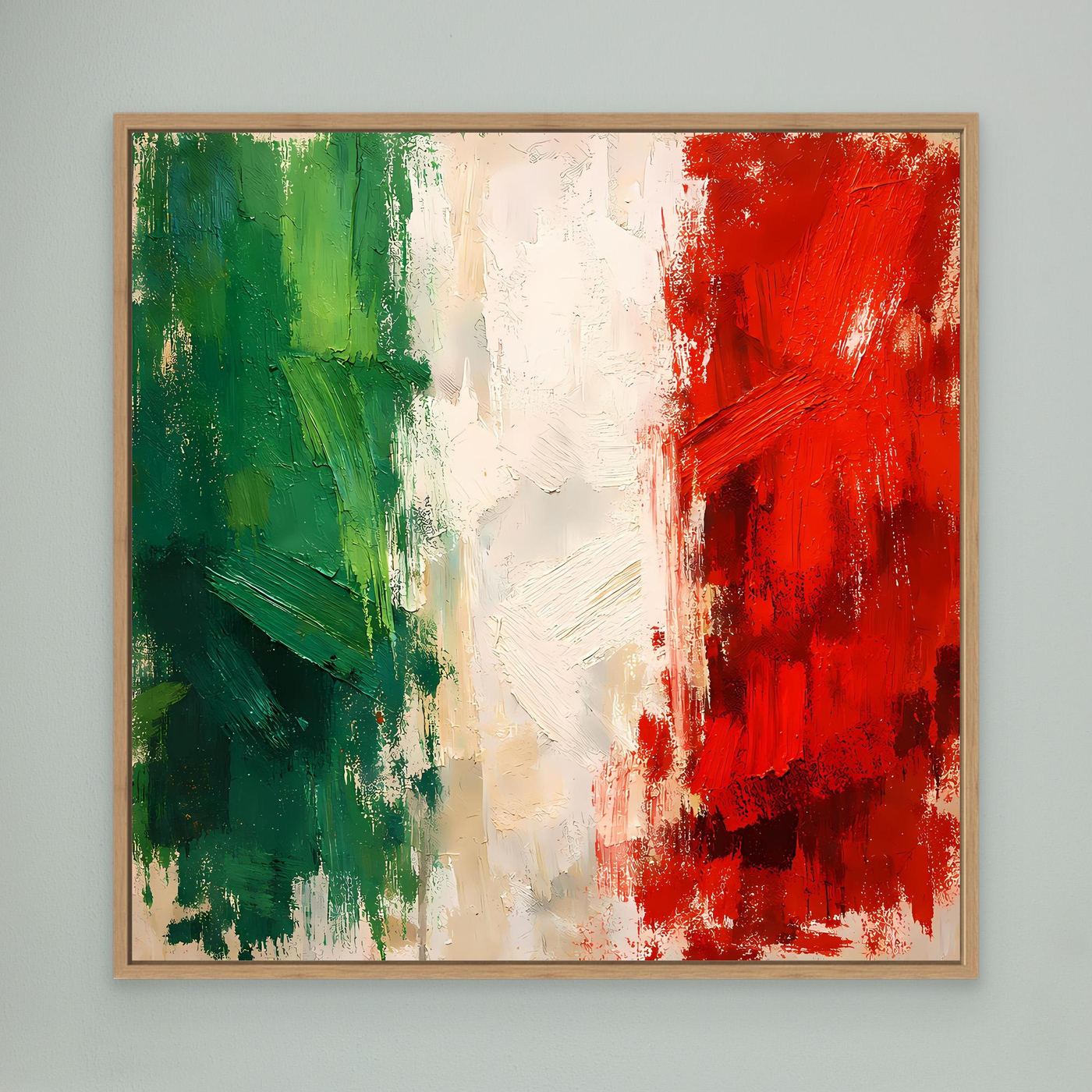 Abstract wall canvas print with green, white, and red brushstroke flag in oak frame