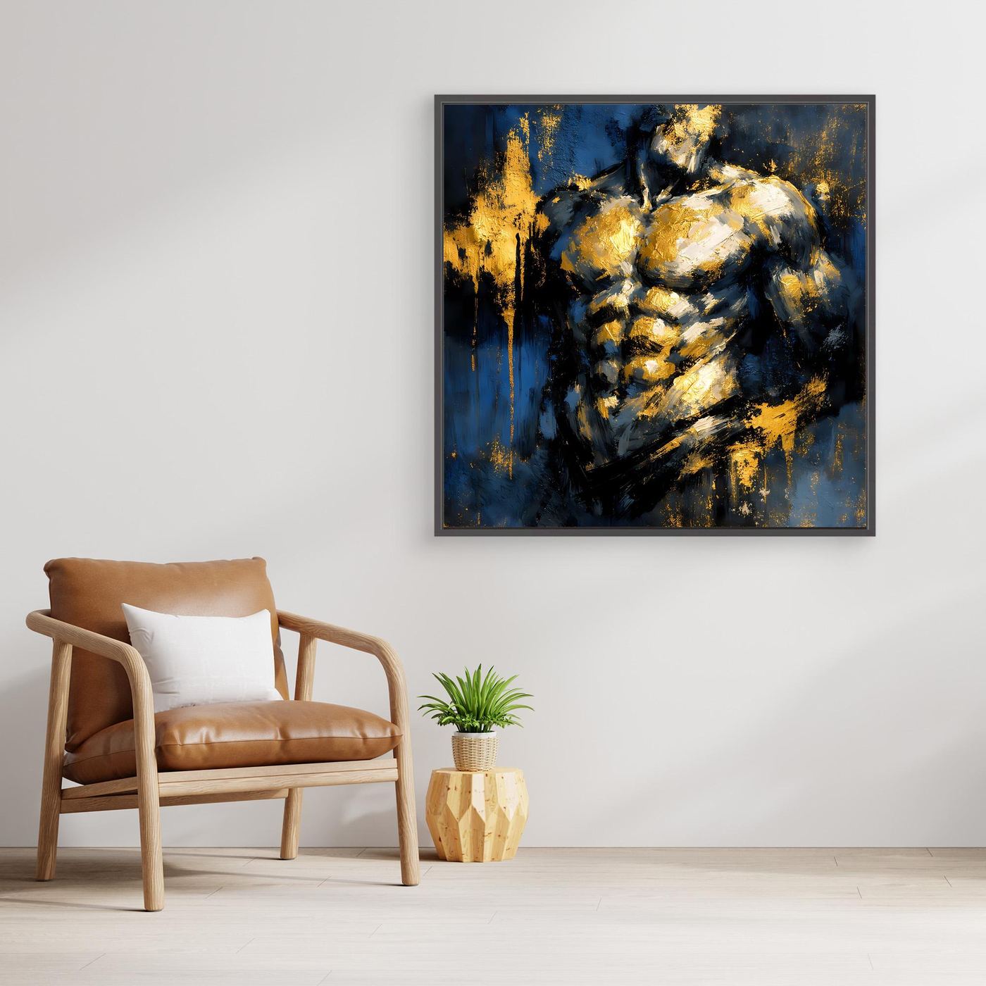 Leinwand Kraftvoller Männlicher Torso in Gold und Blau | Abstraktes Bodybuilding Wandbild