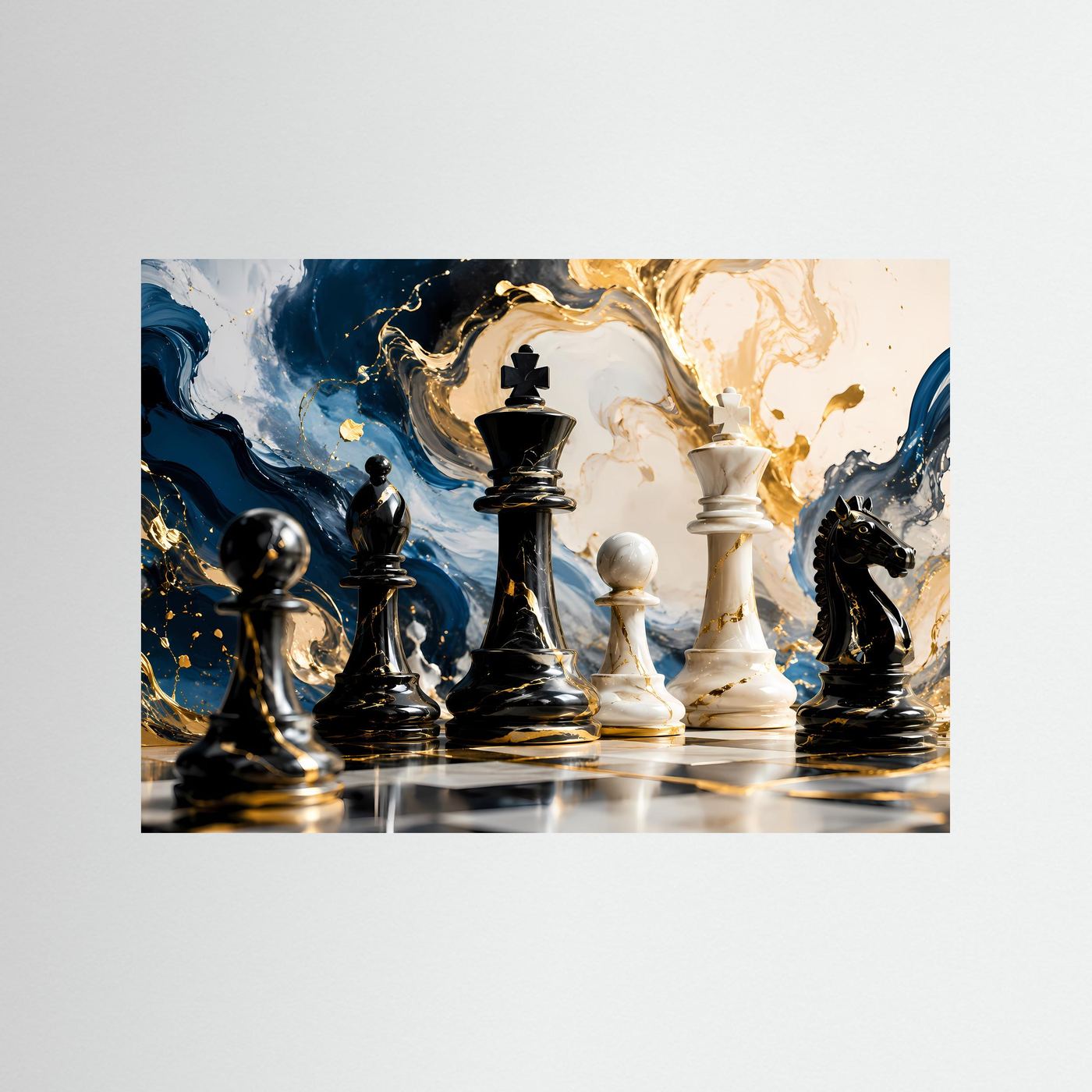Elegantes Schachspiel in Blau, Weiß & Gold | Strategie & Abstrakte Kunst Wandbild