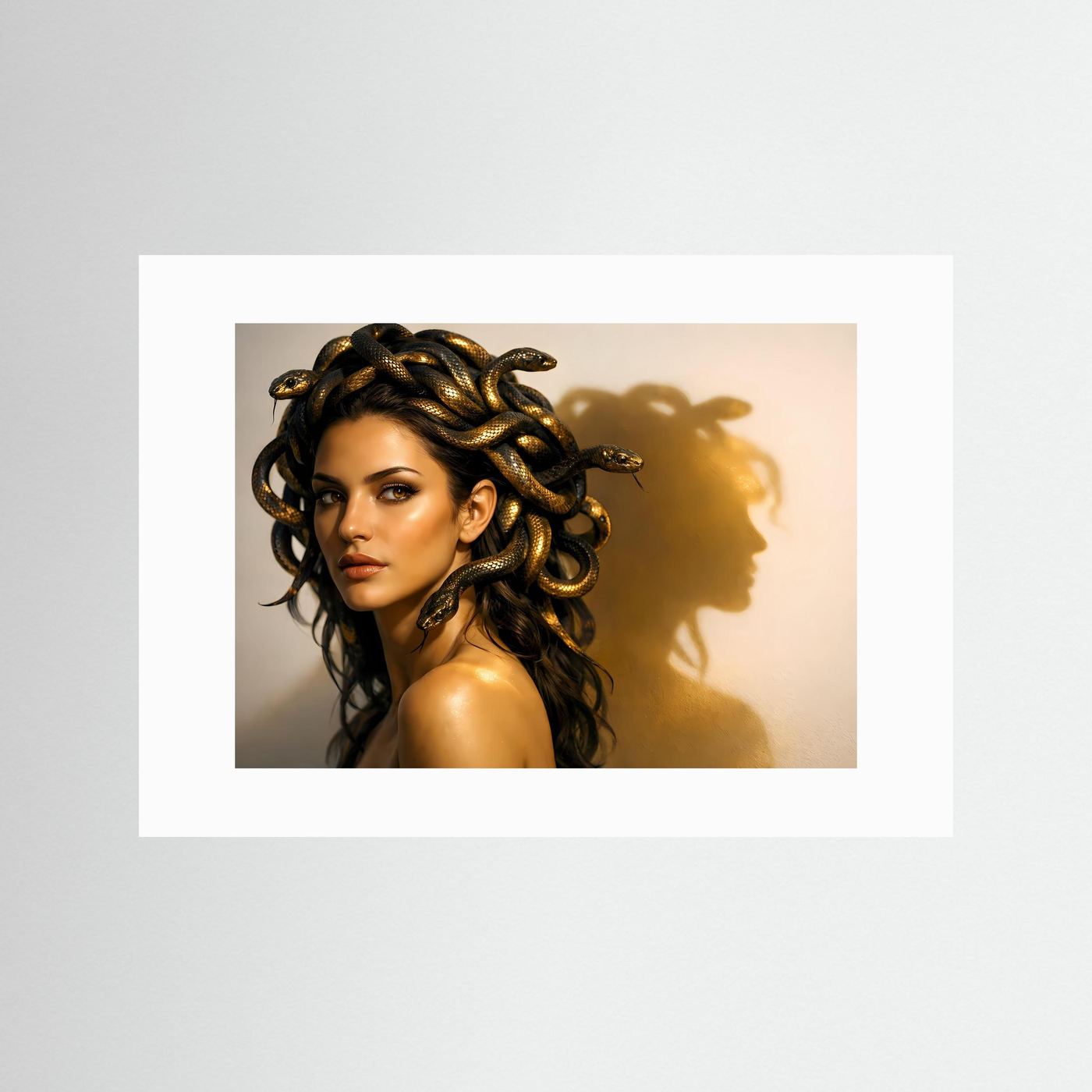 Wandbild im Querformat: Medusa mit Schlangenkrone, braun-goldene Schattierung