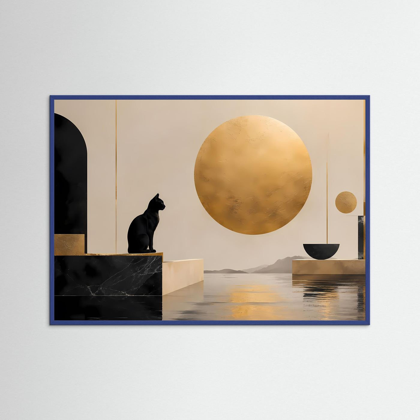 Schwarze Katze vor goldener Sonne | Minimalistische Kunst in Schwarz & Beige