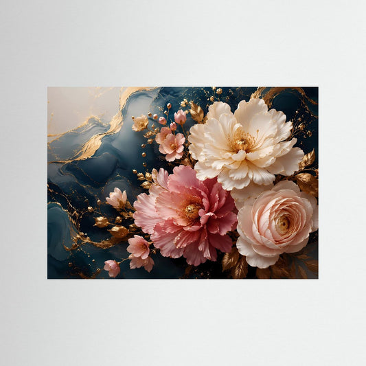 Blumenposter mit Pfingstrosen und Goldakzenten, ohne Rahmen