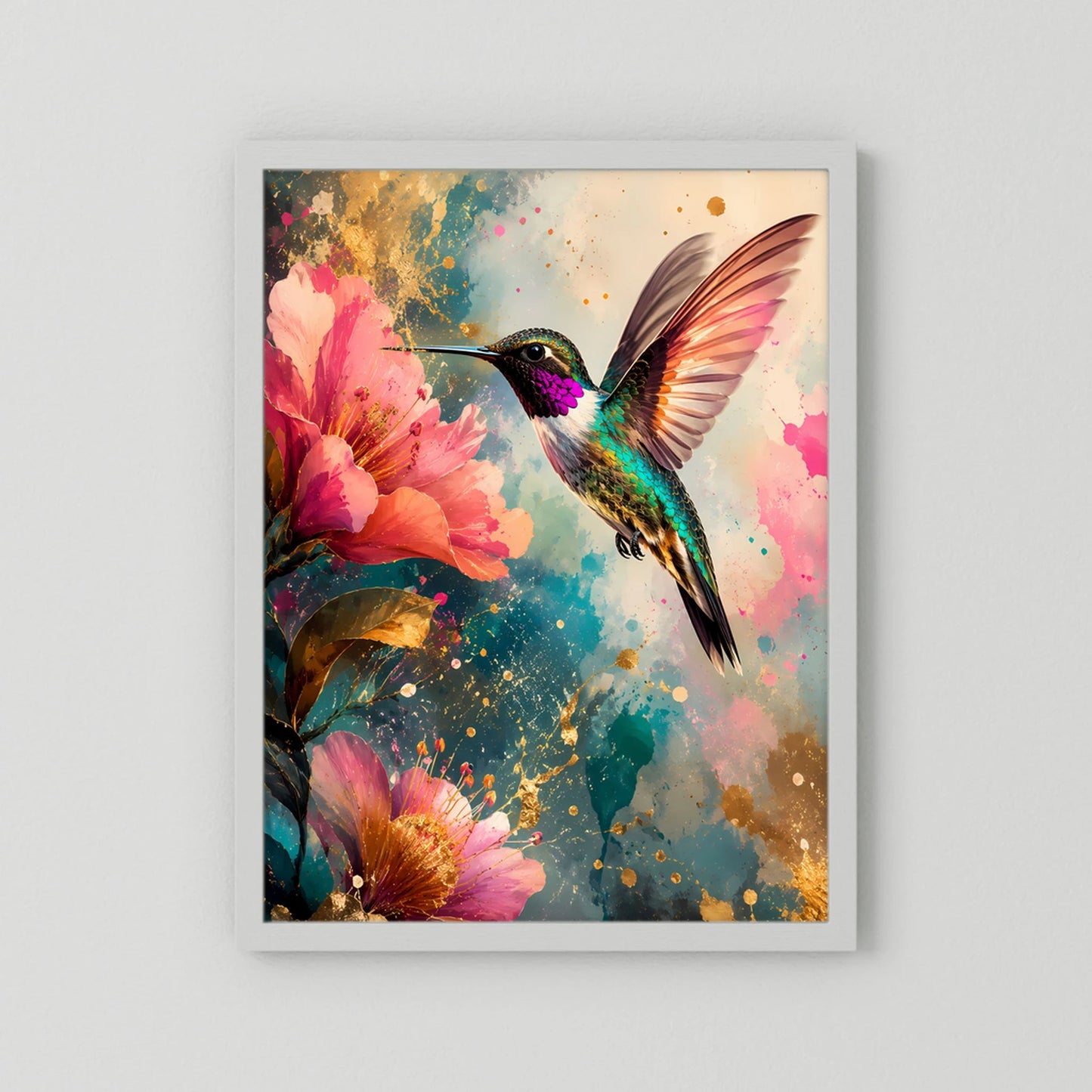Kunstposter mit Kolibri vor bunten rosa Blüten, goldene Sprenkel und Farbsprenkel