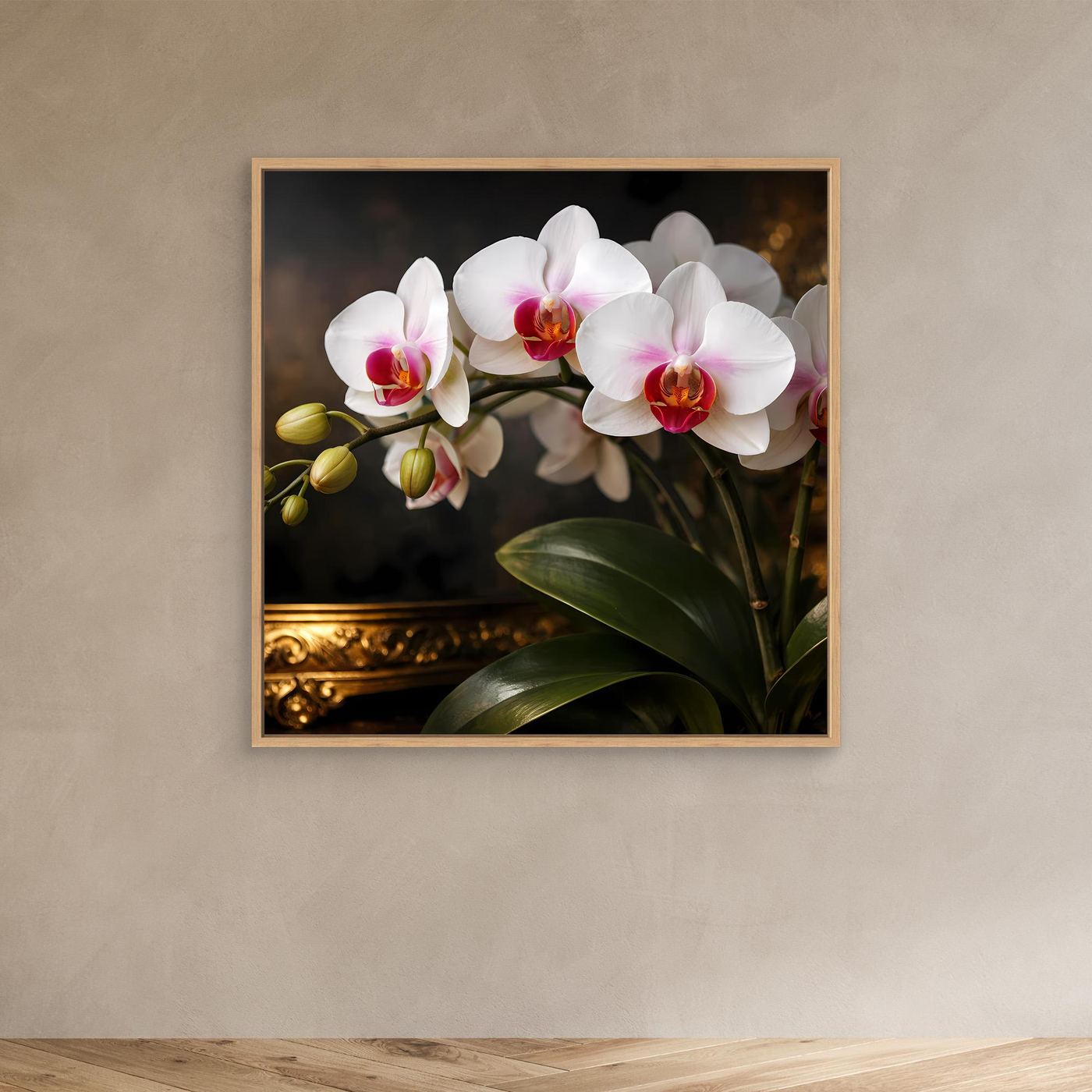Leinwandbild mit weißen Orchideenblüten, rosa Akzenten, grünen Blättern und Knospen; Eichenrahmen