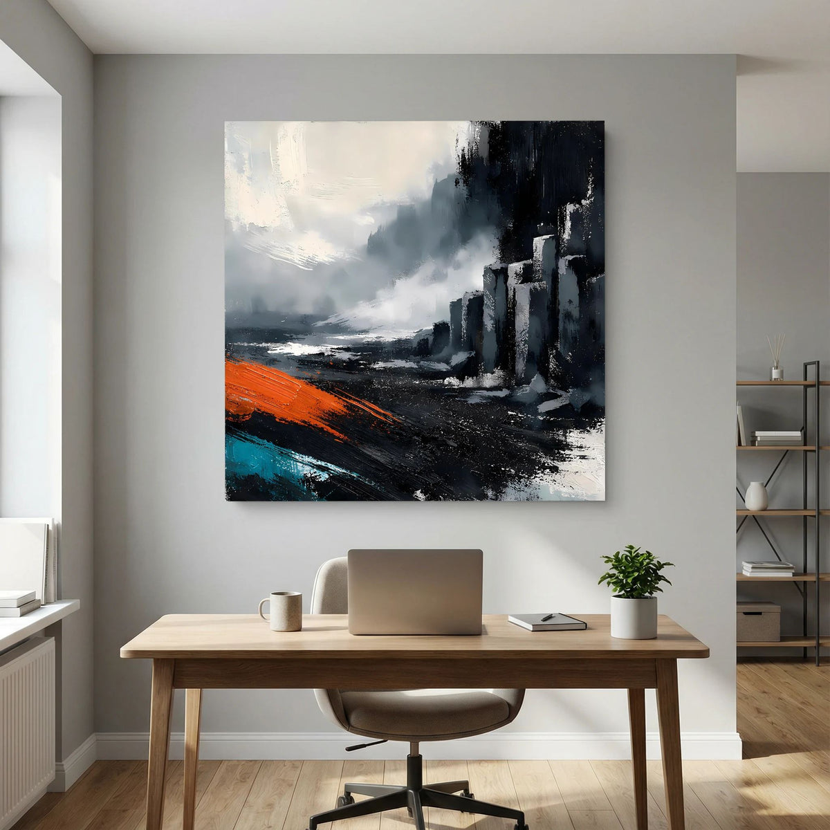 Leinwand Abstraktes Basaltsäulen Gemälde | Modernes Isländisches Vulkan Wandbild Schwarz Orange