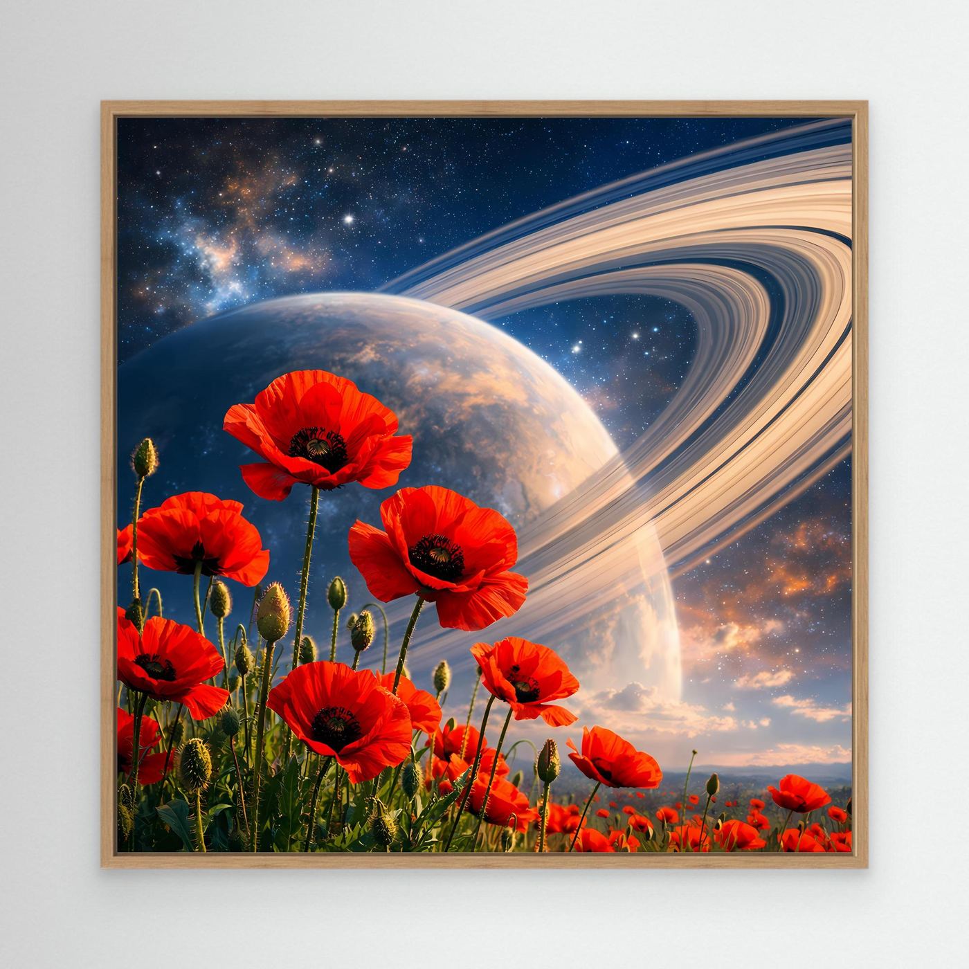 Leinwandbild mit roten Mohnblumen und Weltall-Motiv im Eichenholzrahmen