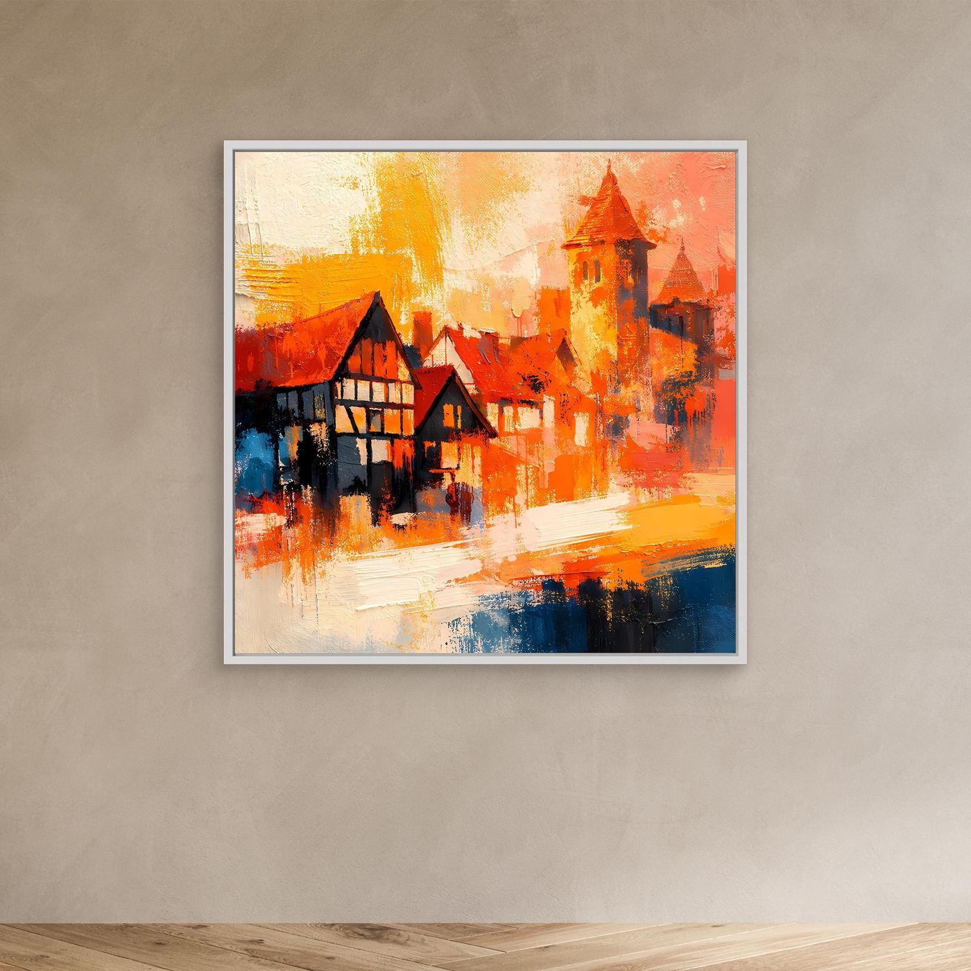 Premium Leinwand Romantische Altstadt im Farbenrausch | Modernes Fachwerk Wandbild abstrakt