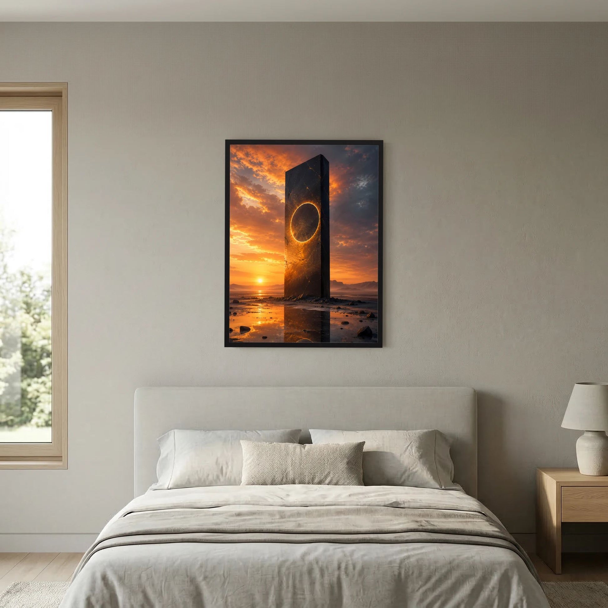 Hochformatiges Poster mit schwarzem Tor-Monolithen und goldener Öffnung über dem Wasser bei Nachtsonne