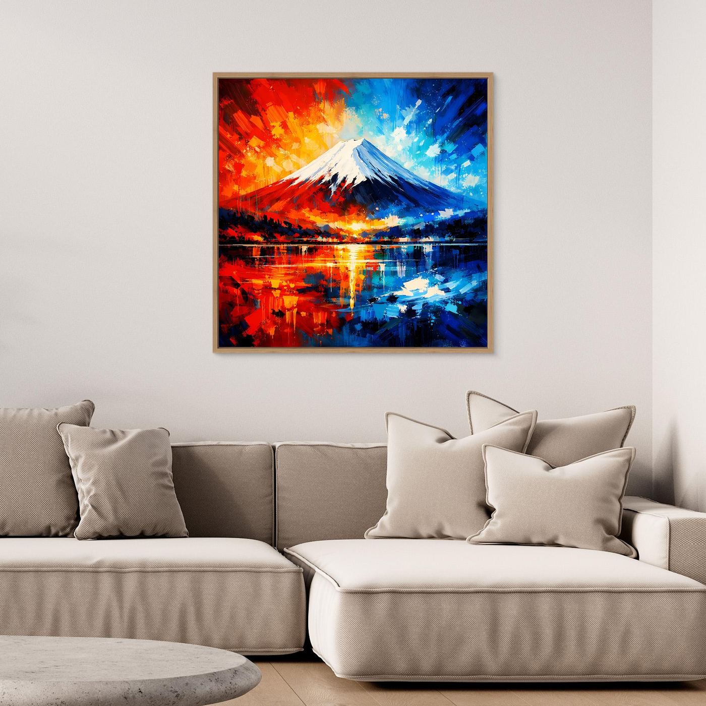 Leinwand Majestätischer Mount Fuji im Feuer- und Eis-Kontrast | Abstraktes Japan Wandbild