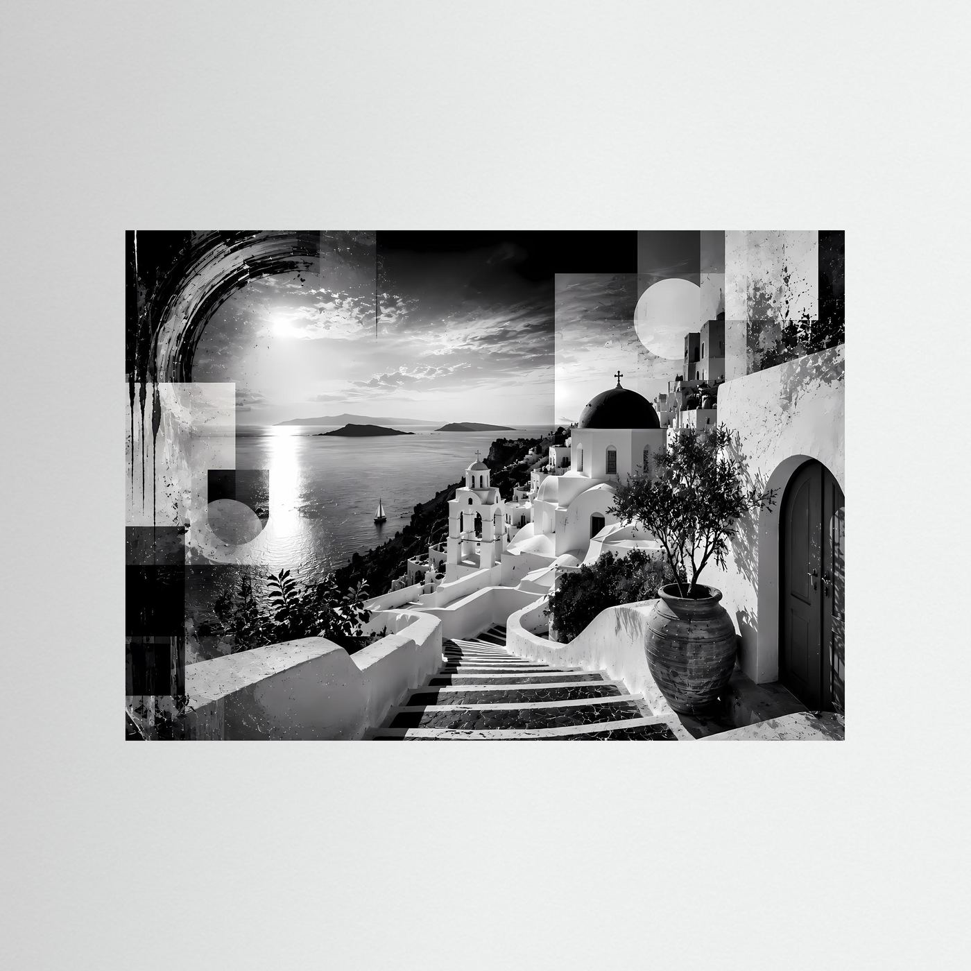 Santorini in Schwarz-Weiß | Abstrakte Griechenland Wandkunst mit Meerblick