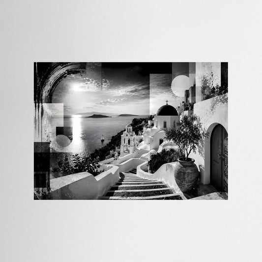 Schwarzweiße Wandkunst „Santorini“ mit Treppe, Kirche und Meerblick im schwarzen Rahmen
