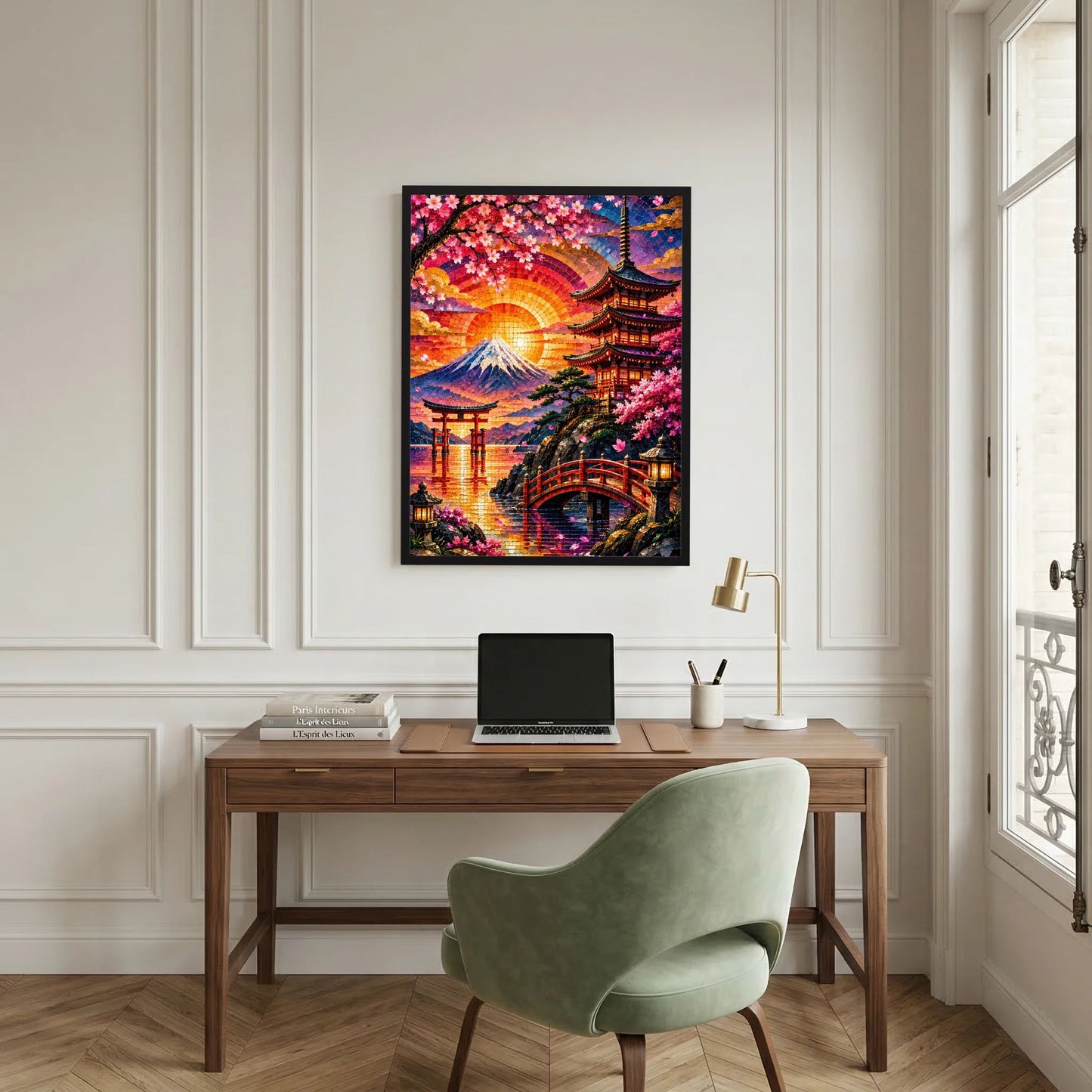 Wandposter im Hochformat mit schwarzem Rahmen, Mosaik-Landschaft mit Pagode und Sakura