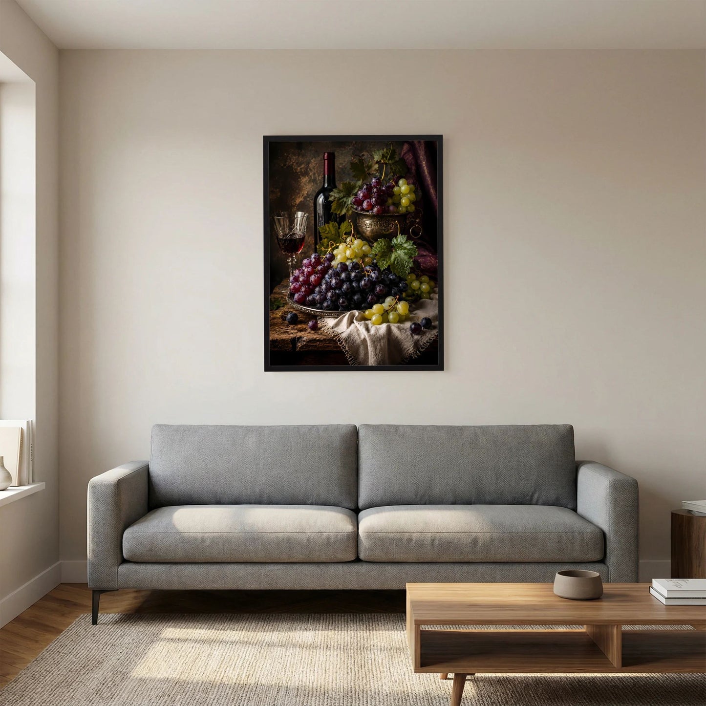 Gerahntes Poster im Hochformat mit Weinflasche, Weinglas und Trauben