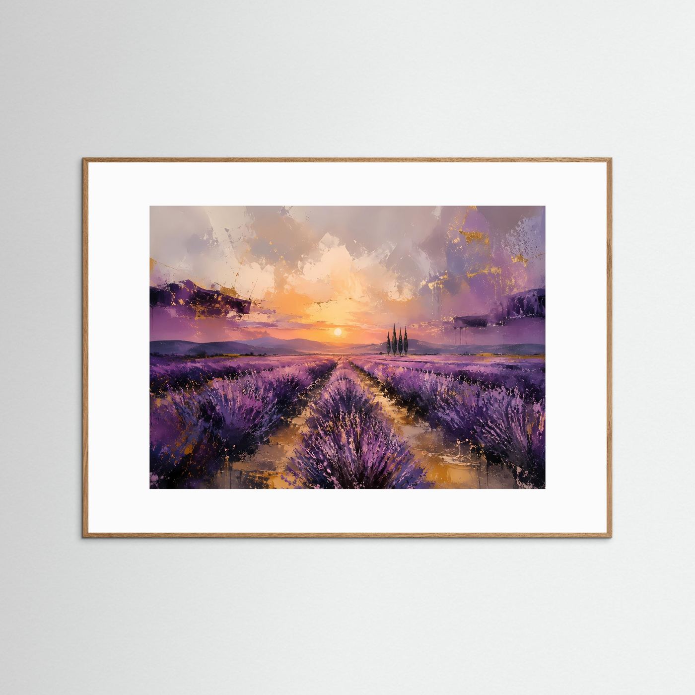 Provence im Abendlicht | Abstraktes Lavendelfeld & Sonnenuntergang Poster im Querformat