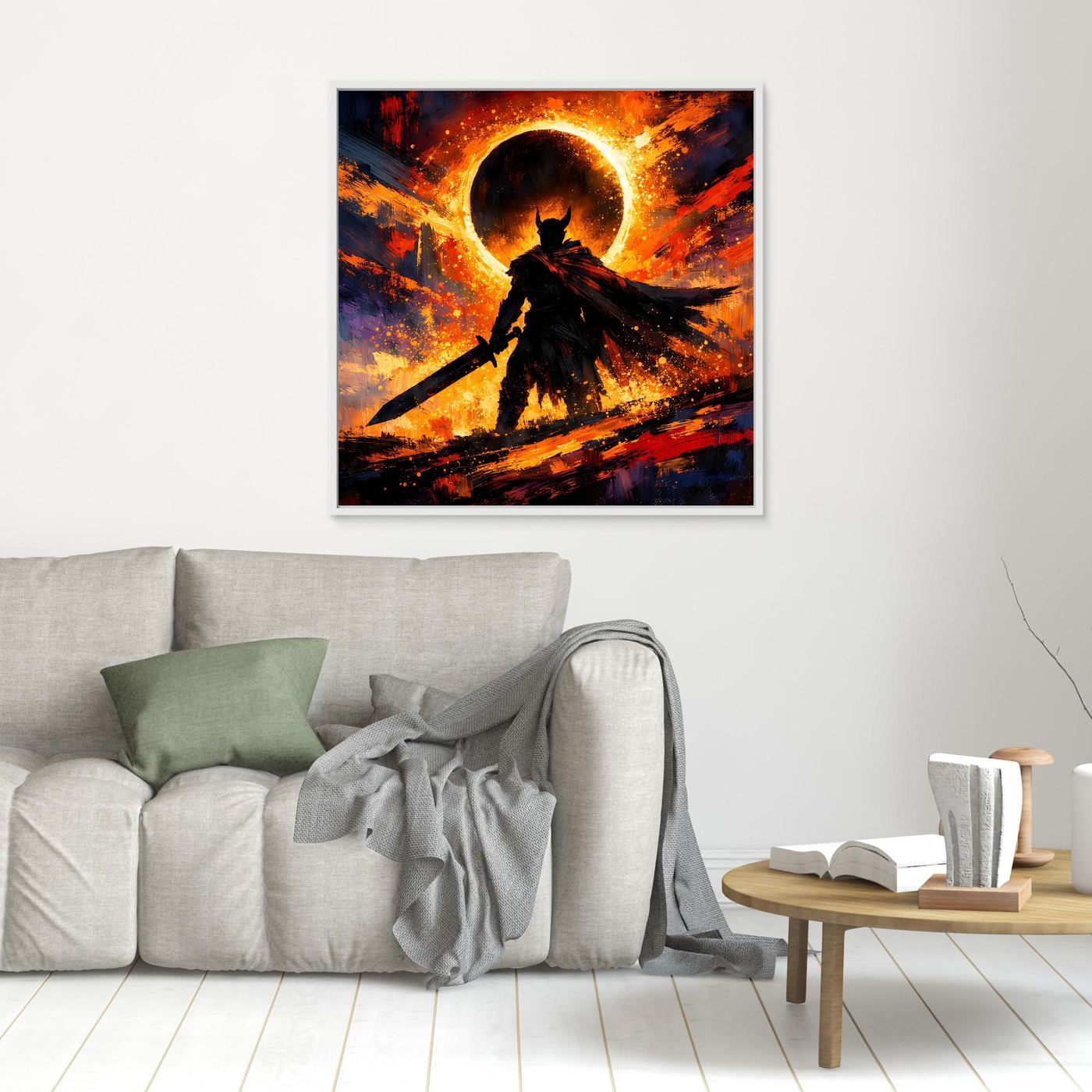 Quadratisches Wandbild mit dunklem Ritter-Schatten, umgeben von orange-gelbem Sonnenfinsternis-Kreis