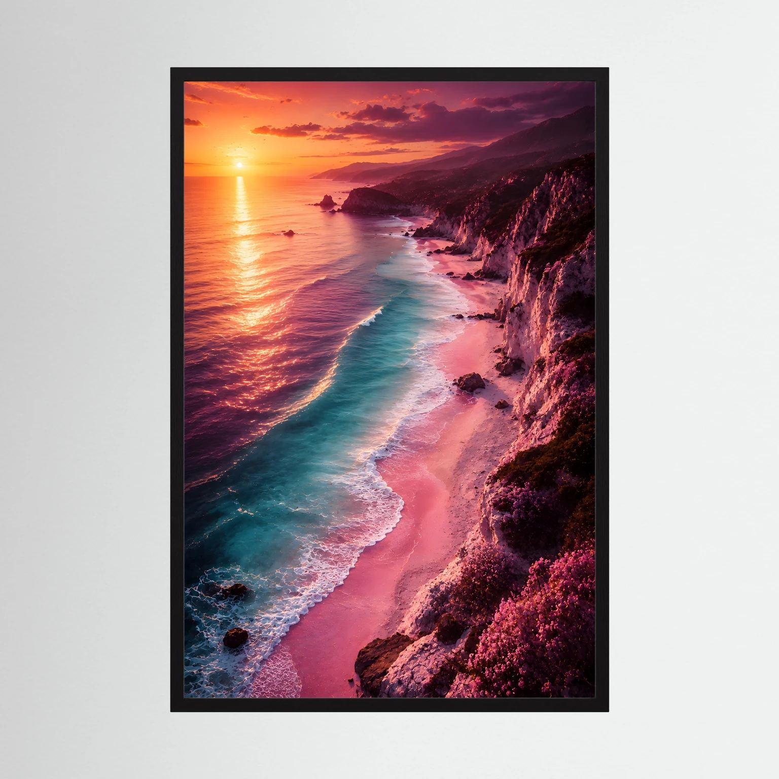 Hochformat-Poster mit Sonnenuntergangsküste, Meer und Strand, schwarzer Rahmen
