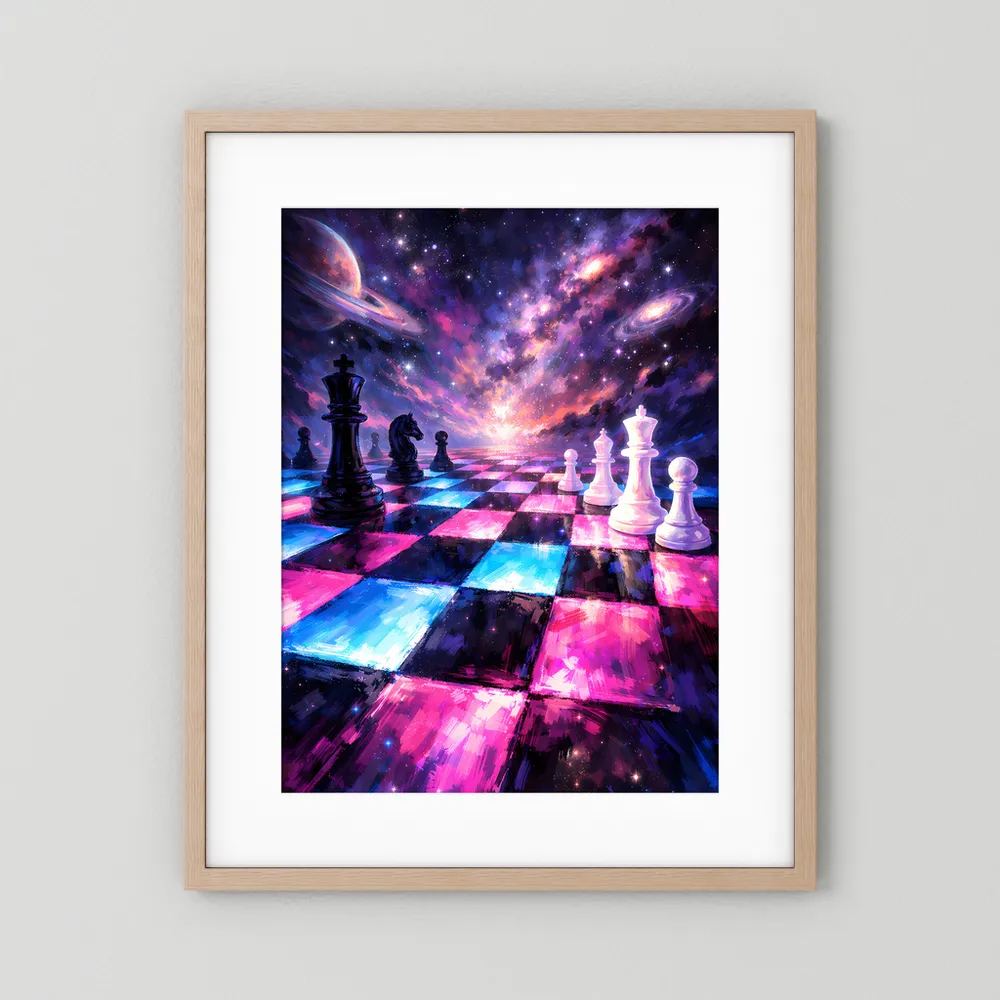 Schachposter im hellen Holzrahmen mit weißem Rand und Galaxie-Schachbrett