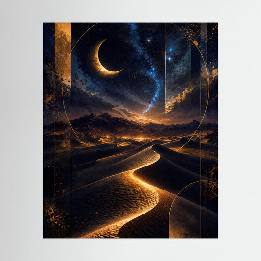 Hochformatiges Poster mit Mondsichel über Dünen und goldenem Lichtpfad, Sternenhimmel