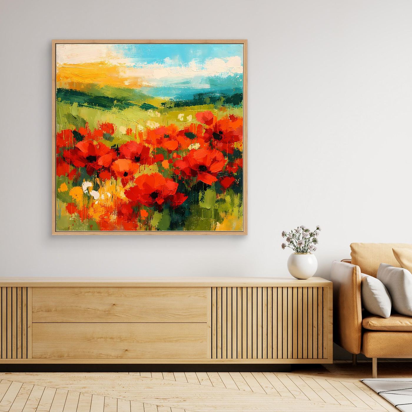 Poppy field canvas wall art with oak frame, square red flower landscape