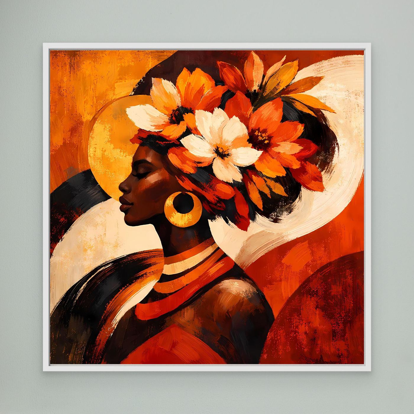 Gerahmtes Leinwandbild: Frauenporträt im Profil mit großem Blumenkranz in Orange- und Rottönen