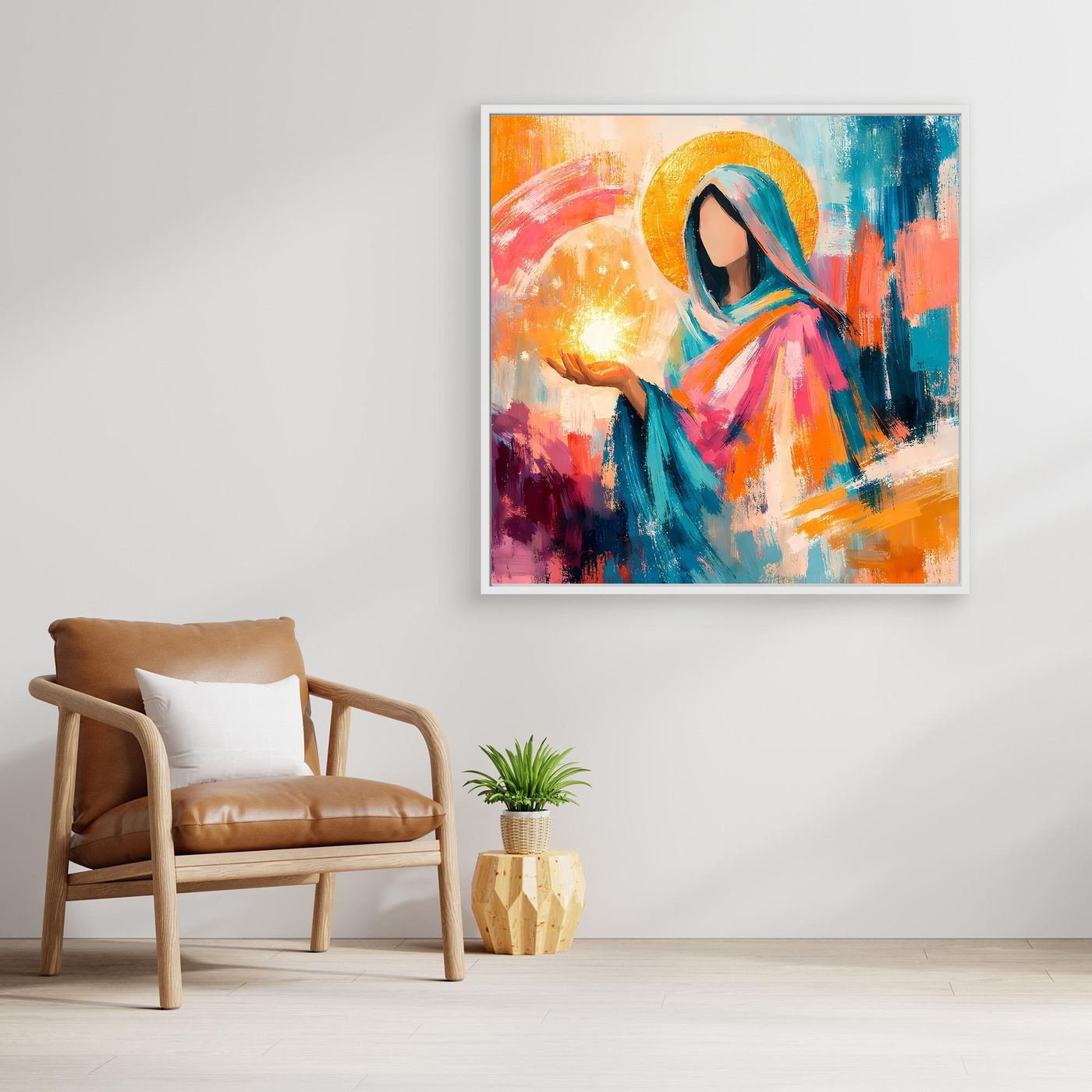 Wandbild mit abstrakter Heiligenfigur, orange-hellblau, rechteckig, Holzrahmen