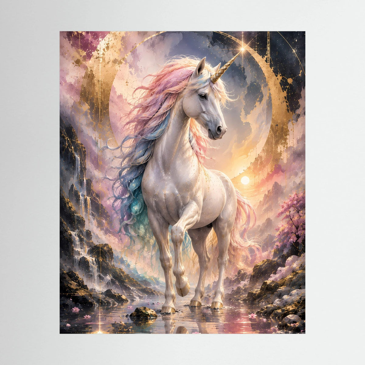 Einhorn-Poster mit silbernem Einhorn, pastellfarbenem Haar und goldener Lichtaura