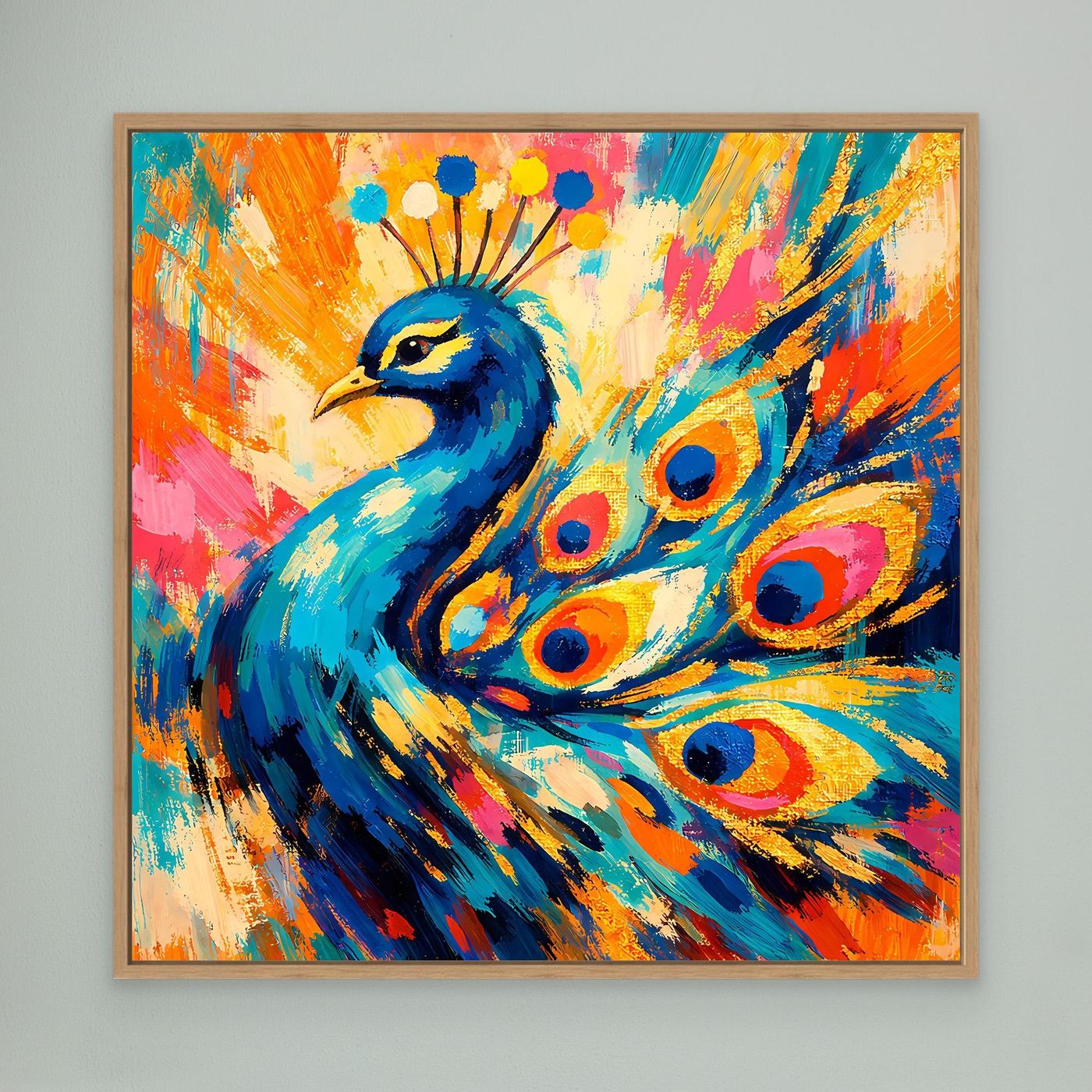 Leinwandbild mit abstraktem Pfau im Holzrahmen, blaugrüner Vogel und farbige Kreise