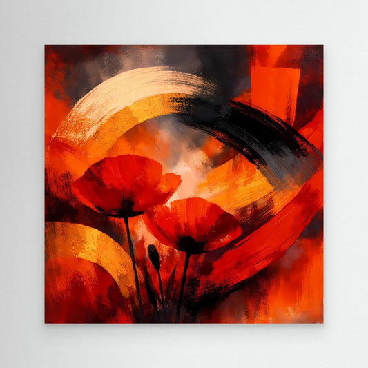 Abstraktes Leinwandbild mit roten Mohnblüten, gelb-orangenem Halbmond und schwarzen Pinselstrichen