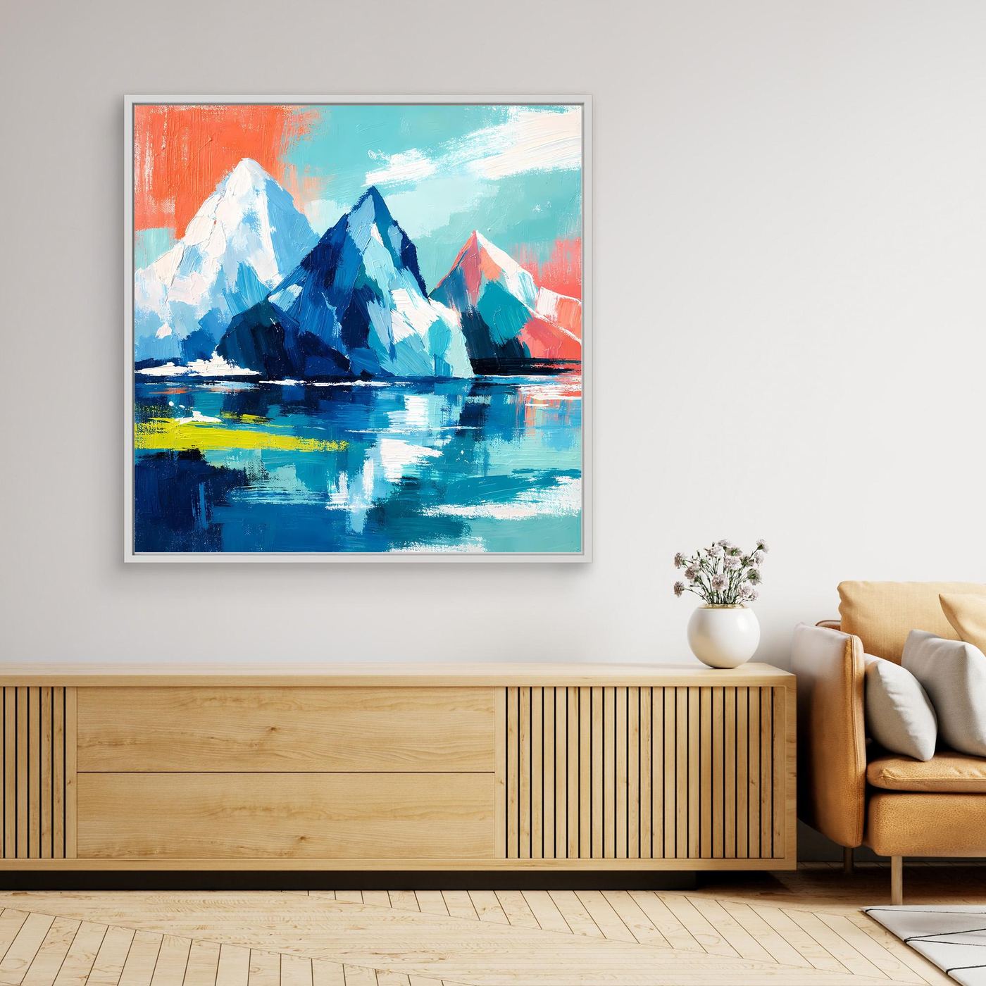 Abstract mountain and sea canvas wall art with blue peaks and water, light frame