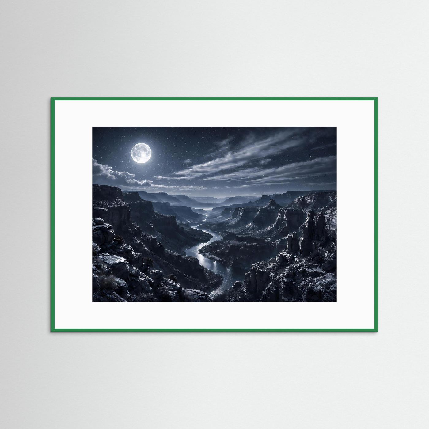 Wandbild: Canyon bei Mondschein, dunkle Felsenlandschaft mit hellem Mond, im grünem Rahmen